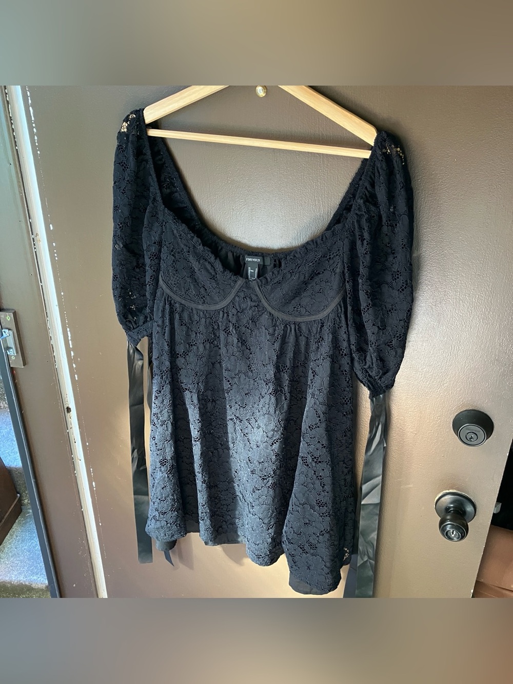 Forever 21 Black Lace Whimsigoth Puff Sleeve Mini Dress Medium